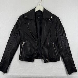 Barneys Originals Womens‎ Clara Black Leather Moto Biker Jacket Size 6